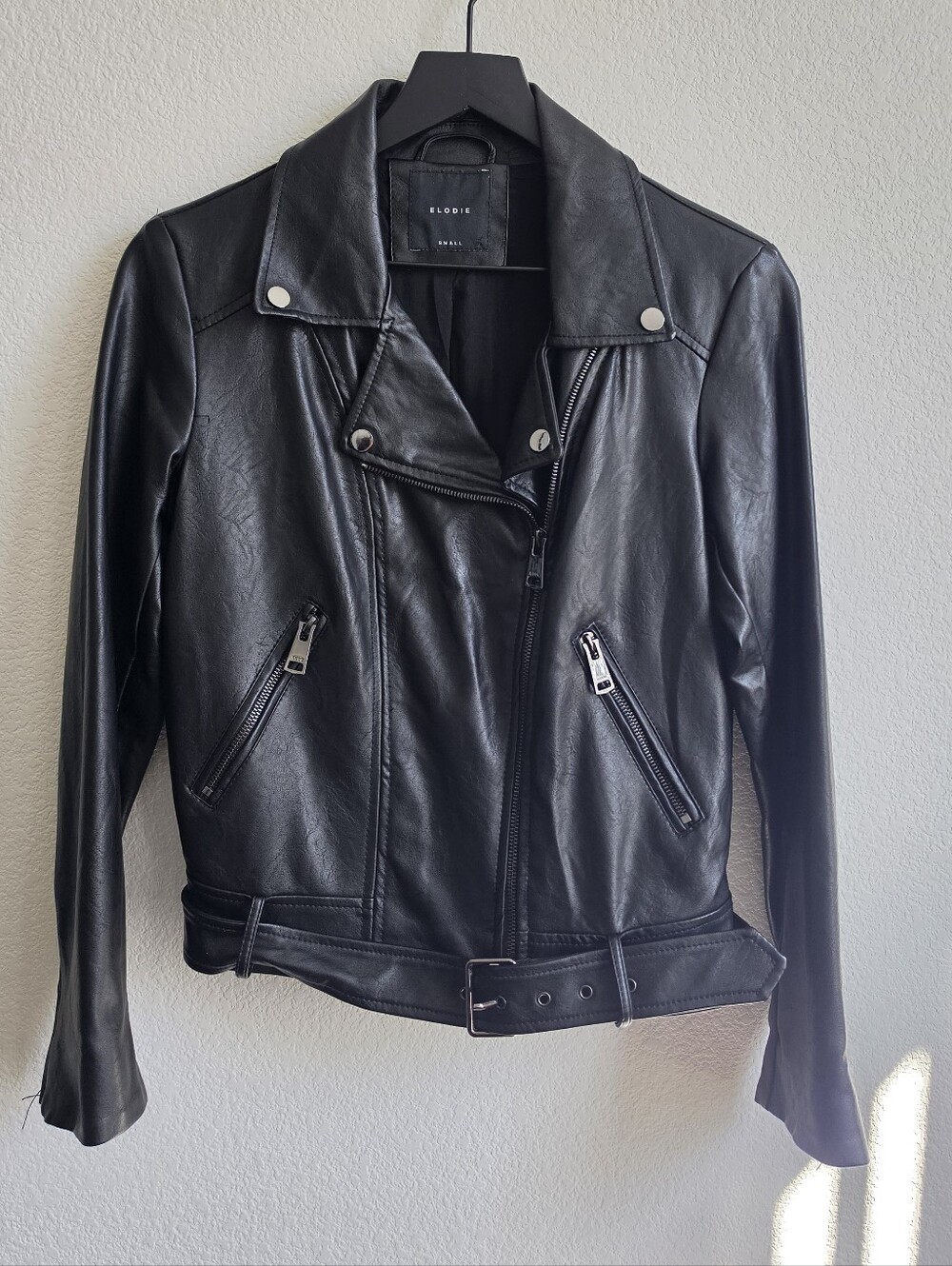 Elodie Black Faux Leather Moto Jacket with Belted Waist